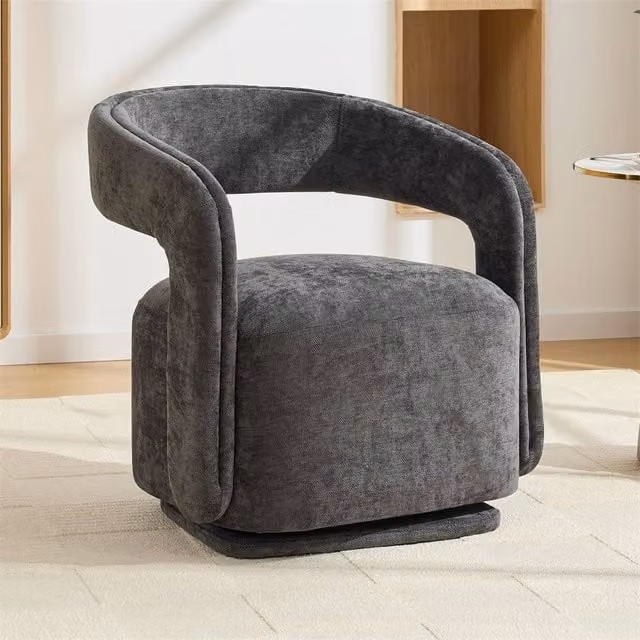 Direct Wicker Chenille 360 Degree Swivel Armchair in Dark Grey with Fabric Upholstery and Solid Wood Base – 1