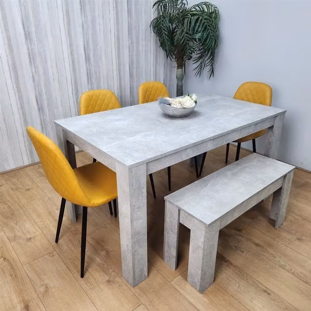 Kosy Koala Brown Wooden Rectangle Dining Furniture Set with 4 Mustard Chairs and Bench