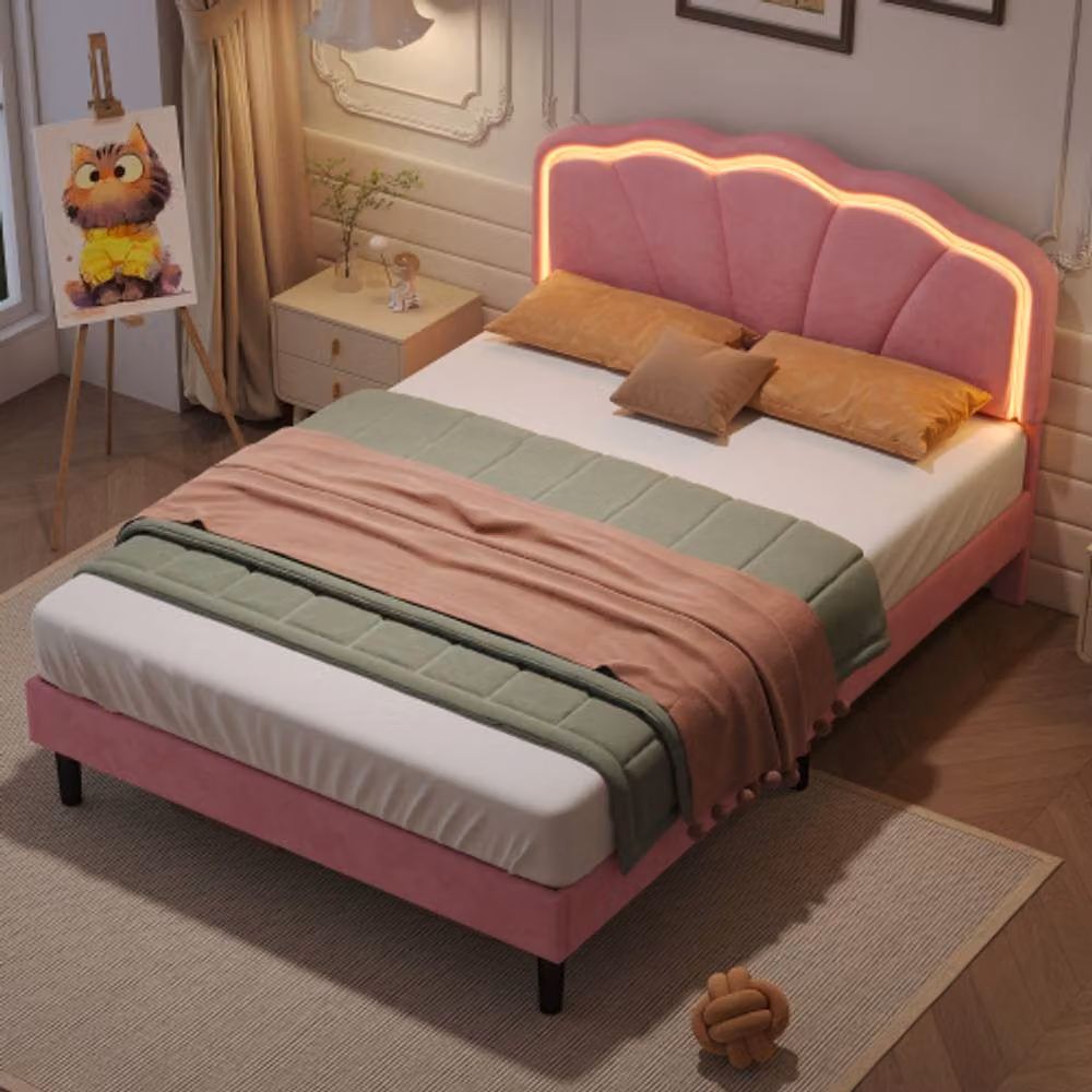 Matteo Pink Velvet Double Bed Frame with Adjustable LED Headboard – 2