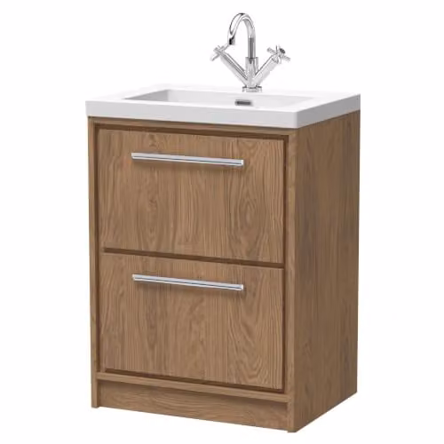 Balterley Floor Standing Vanity Unit with Rectangular Basin and 2 Soft Close Drawers, Antique Oak, W: 61.3 cm, D: 46.2 cm, H: 84.5 cm