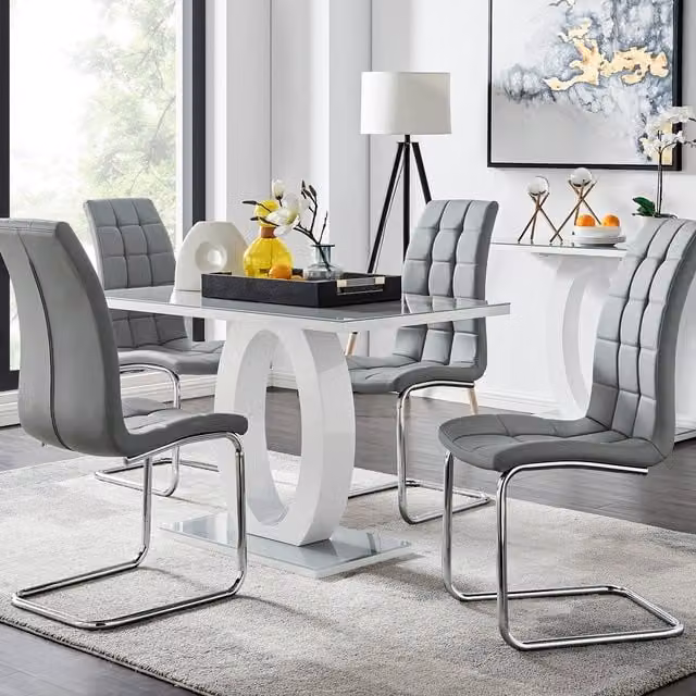 FurnitureboxUK Giovani Modern Grey and White High Gloss Glass Rectangular Dining Table and 4 Murano Faux Leather Chairs Set W/D/H: 120 x 70 x 70 cm
