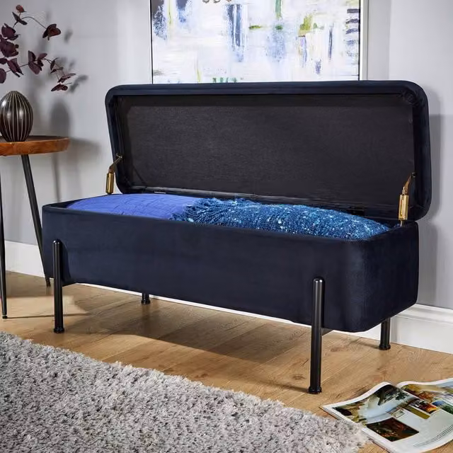 Home Source Black Boucle Velvet Storage Ottoman Seat with Metal Legs – 1