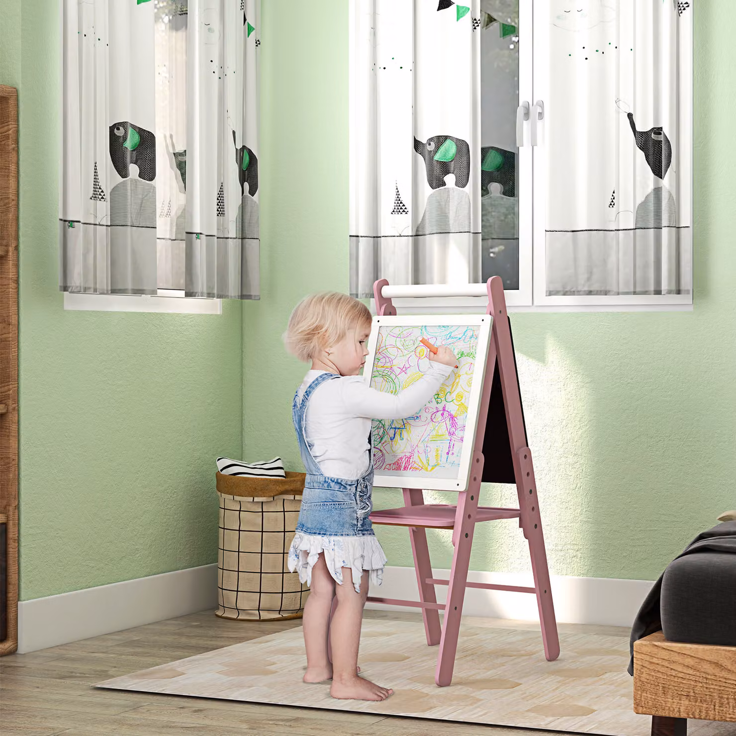 AIYAPLAY 3 in 1 Art Easel for Kids with Paper Roll, Height Adjustable Double-Sided Whiteboard and Chalkboard, Pink and White – 2