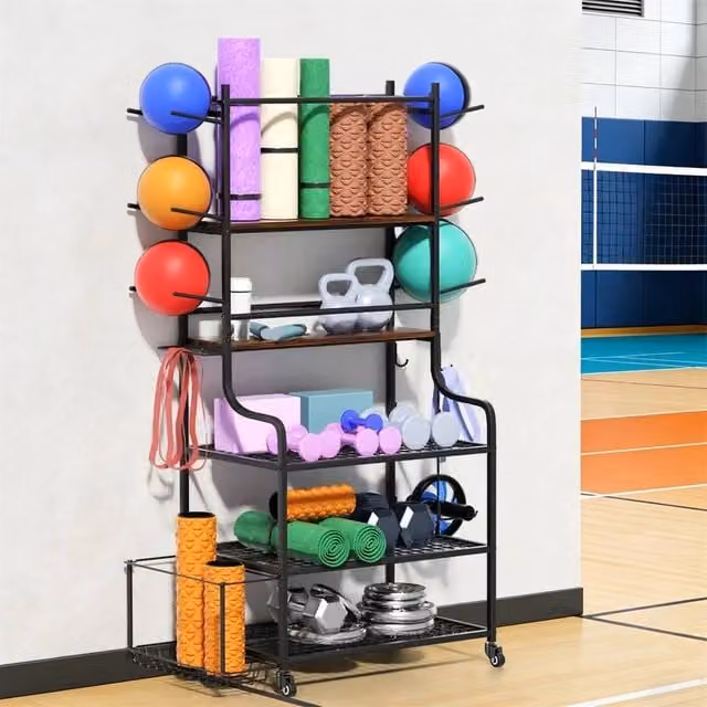 ERGOVEXA 5-Tier Sports Equipment Storage Rack and Dumbbell Stand with Side Hook in Black – 1
