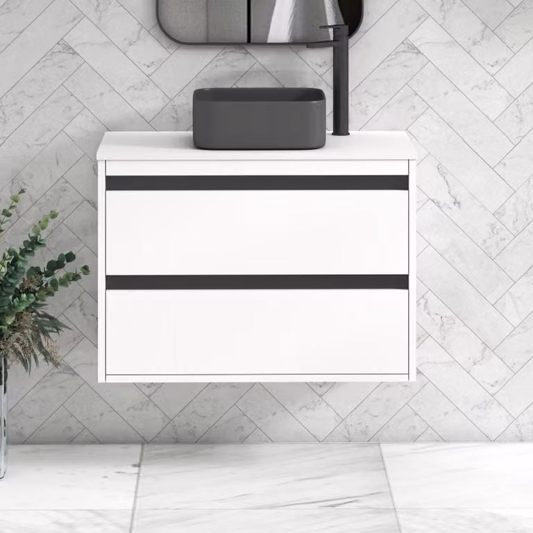 Royal Bathrooms Orion 800mm Matt White Wall Hung 2 Drawer Vanity Unit with Art Square Basin and Black Accent Trim