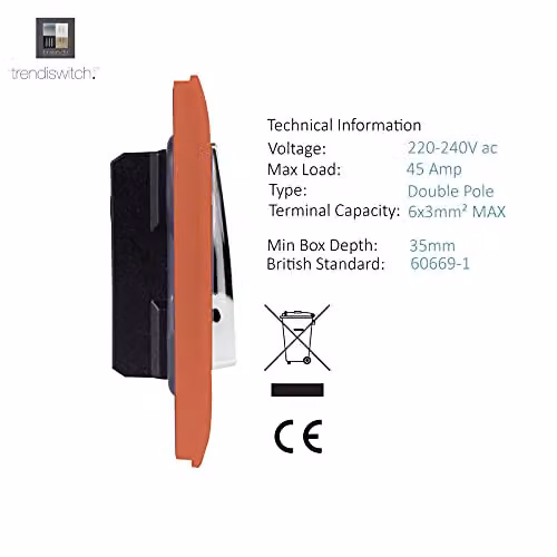 Trendi Switch Modern Decorative Glossy Double Pole 45 A Cooker Switch Control Unit with Neon Indicator in Copper – 3