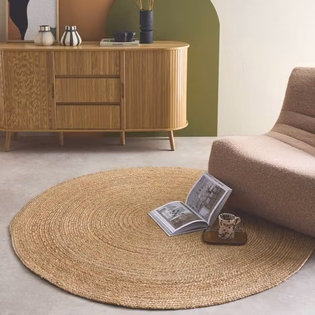 Sweek Round Woven Jute Indoor Rug in Beige, Diameter: 120 cm