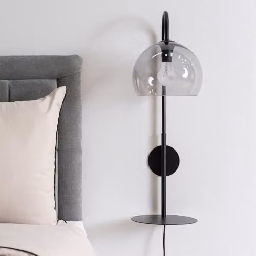 ValueLights Glenn Smoked Glass Globe Sphere Wall Light with Matte Black Shelf and LED Bulb – 3