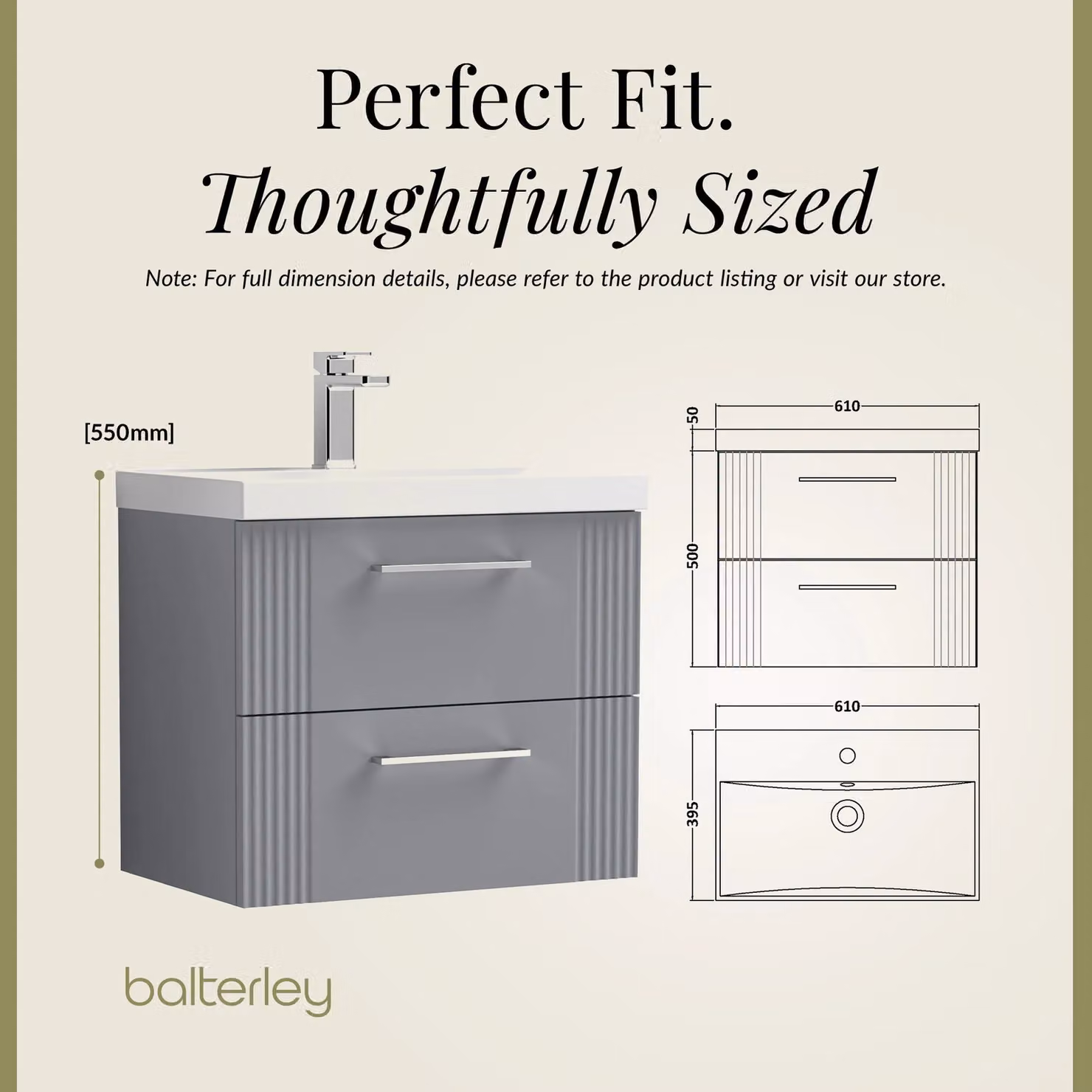 Balterley Wall Hung 2 Drawer Vanity Unit with Thin-Edge Basin, Satin Grey, W: 60 cm, D: 50 cm, H: 60 cm – 3