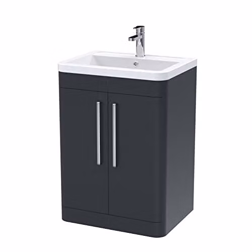 nuie Parade Modern 2 Door Bathroom Floor Standing Vanity Basin Cabinet with Ceramic Basin, Soft Black, W: 60 cm, D: 44.5 cm, H: 80 cm