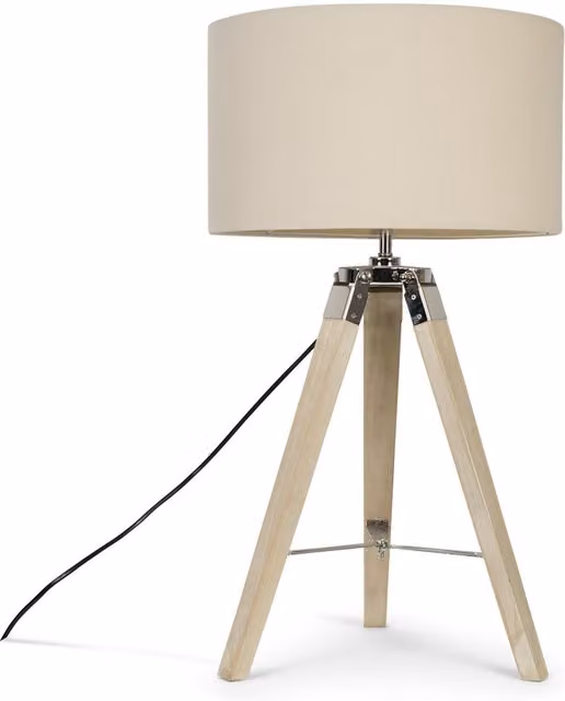 Clipper Tripod Table Lamp with Beige Fabric Reni Shade in Brown Wood