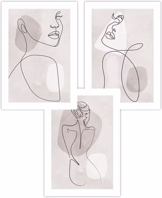 ARTZE Set of 3 Abstract Female Line Art Prints in Beige, Grey and Black, W: 42 cm, H: 59 cm