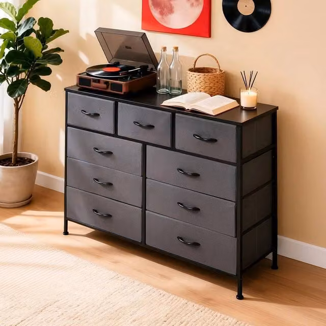 EONLION Grey Wooden 9 Drawer Chest of Drawers for Bedroom and Living Room, Width: 100 cm