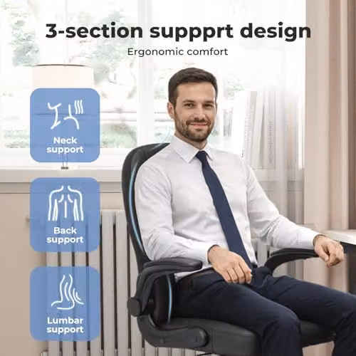 Levede Ergonomic Executive Office Chair in Black with Synthetic Leather and Flip-Up Armrests – 3