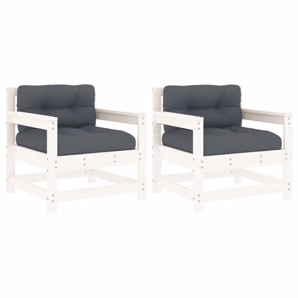 Berkfield Home Rustic White Solid Wood Pine Garden Chairs with Cushions, Set of 2 – 2