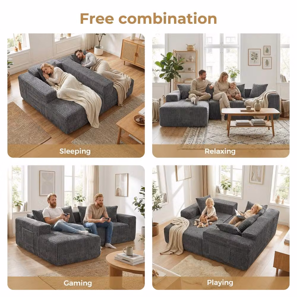 Dprodo 4 Seater Modular Left L-Shaped Sectional Sofa in Grey Velvet Cord – 7