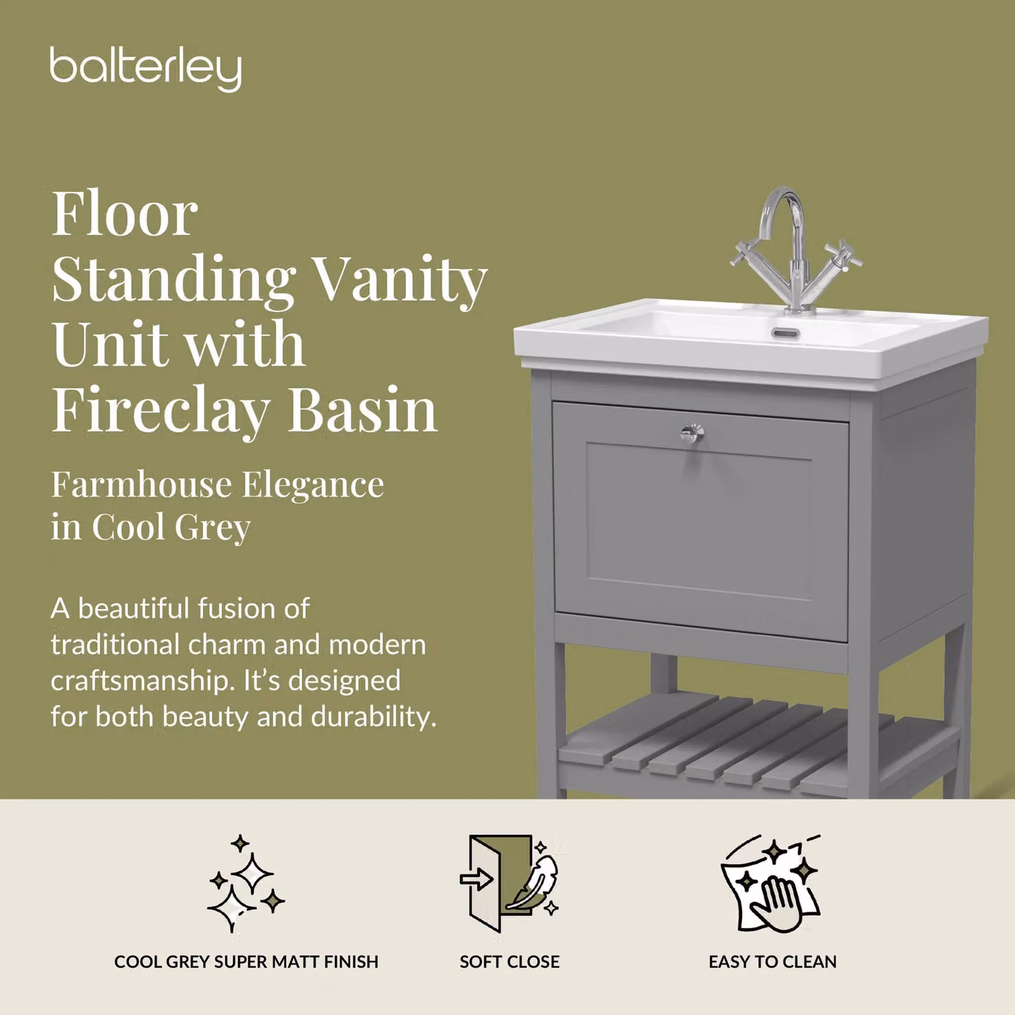 Balterley Bathroom Floor Vanity Unit with 1 Drawer and 1 Tap Hole Basin, Cool Grey, Width: 63 cm – 2