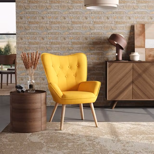 Livingandhome Mid-Century Yellow Fabric Armchair with Wood Legs and Armrests