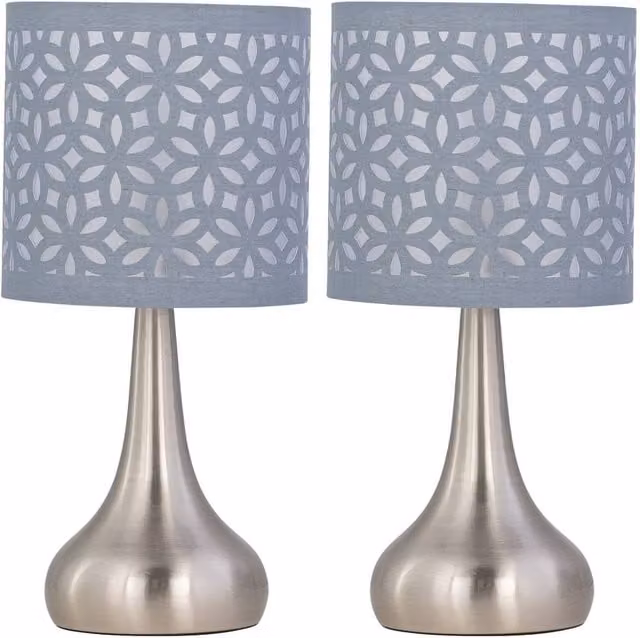First Choice Lighting Romana Set of 2 Brushed Chrome Touch Table Lamps with Grey Fabric Shades