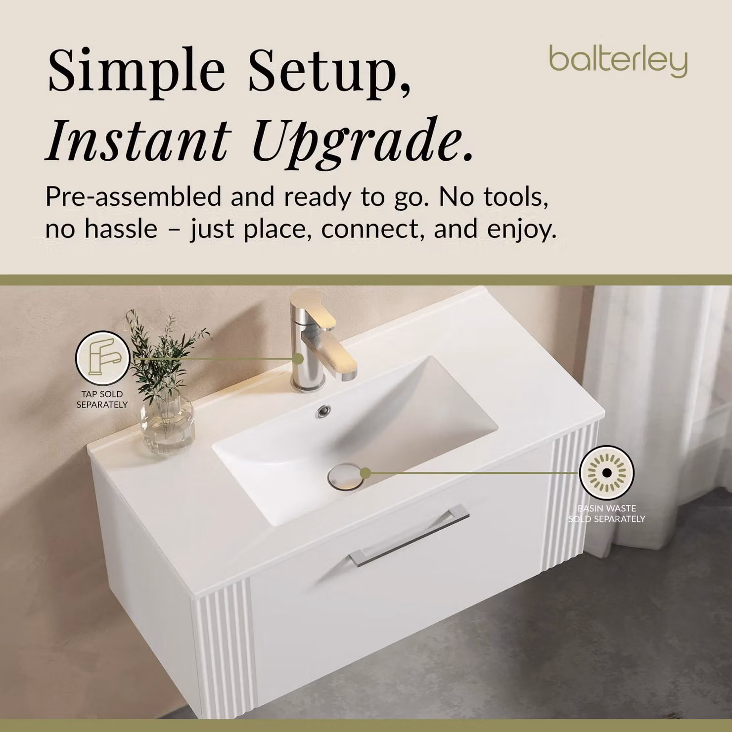 Balterley Wall Hung 1 Drawer Vanity Unit with Minimalist Basin, Satin White, Width: 80 cm – 2