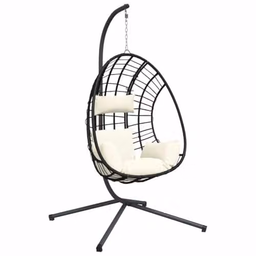 vidaXL Hanging Egg Chair with Stand in Beige Rattan and Powder Coated Steel with Cushions – 1