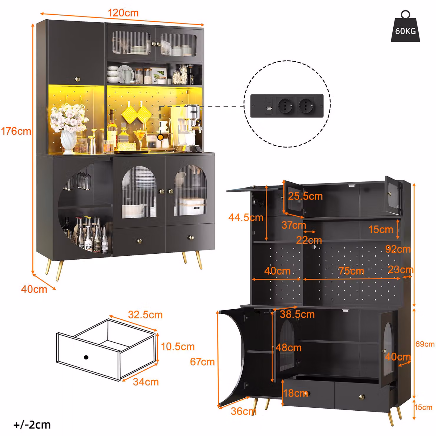 Aosom UK Modern Tall Kitchen Cabinet in Black with Built-In Power Outlets, 2 USB Ports and App-Controlled LED Lighting, W: 40 cm, D: 40 cm, H: 176 cm – 3