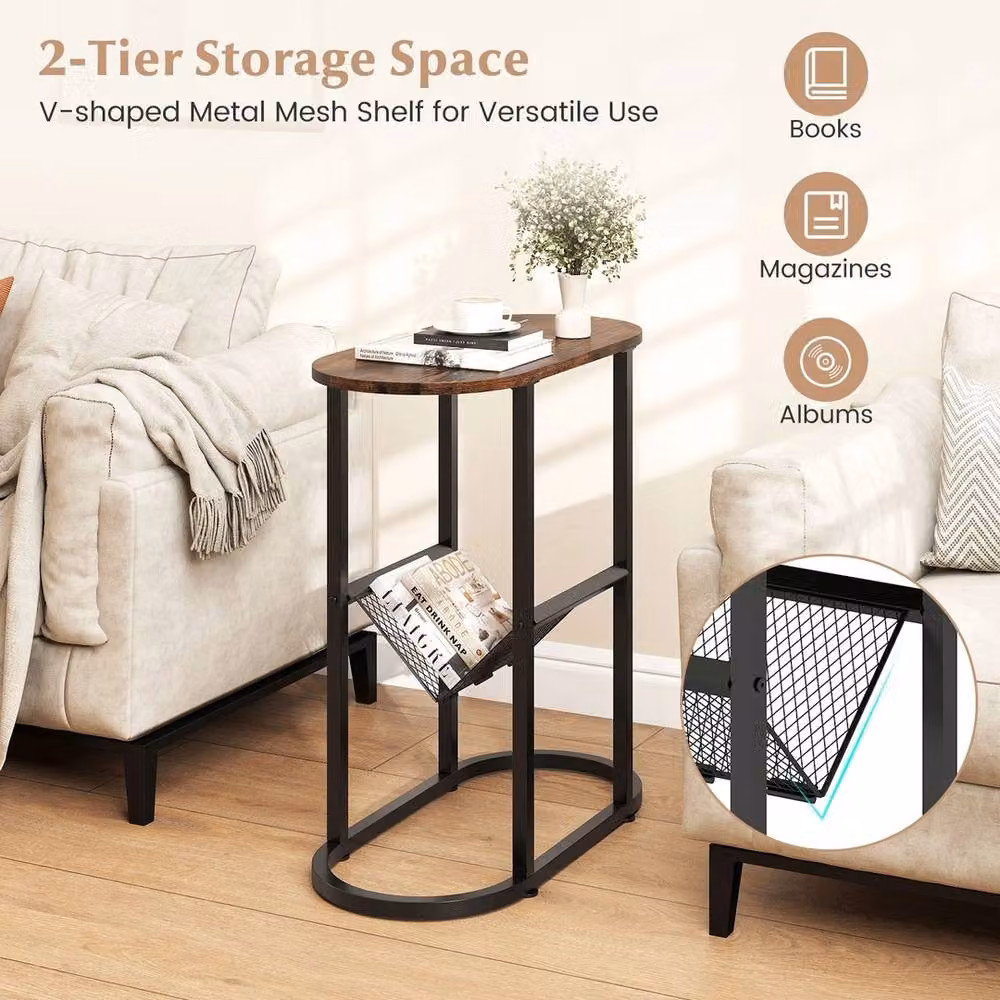 ERGOVEXA Set of 2 Narrow Side Tables with Magazine Holder in Brown Rustic Finish – 4