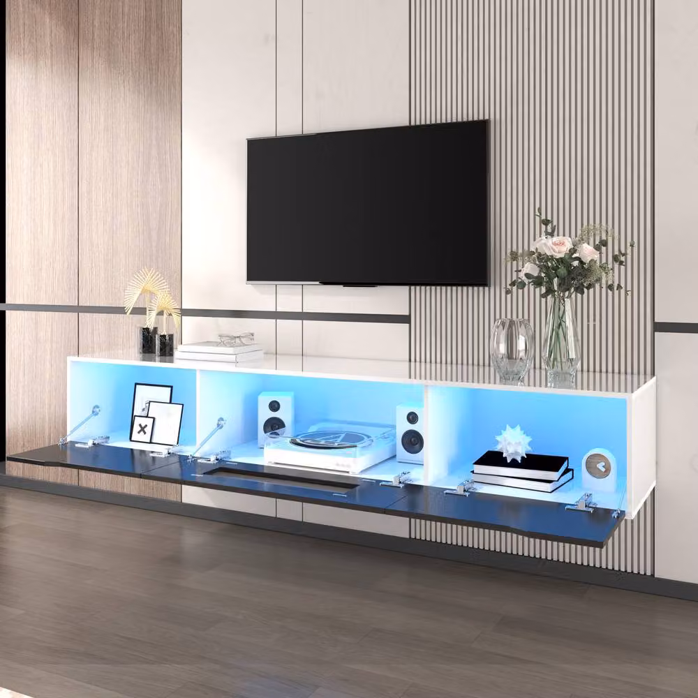 Rolipo Modern High Gloss TV Cabinet in White and Black with Integrated LED Lights, Width: 180 cm – 2