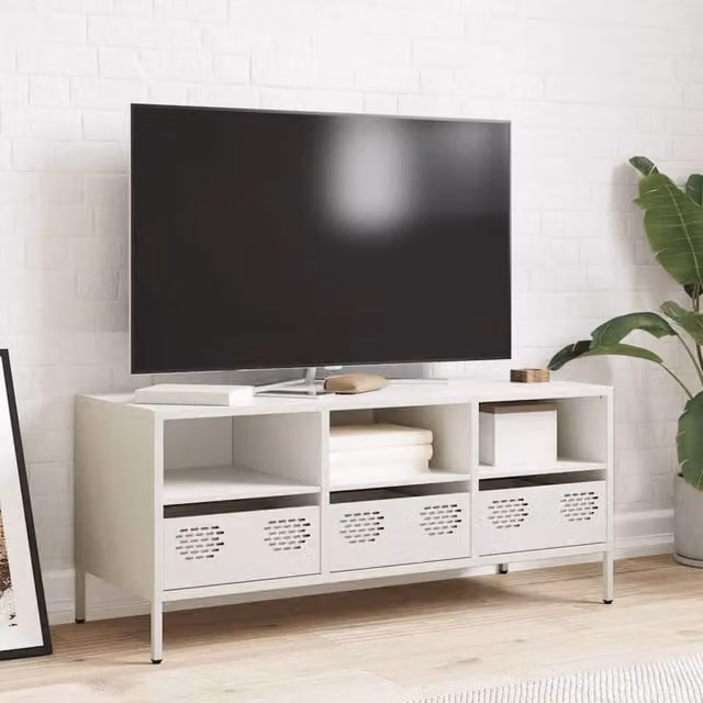 Berkfield Home White Industrial TV Cabinet in Matt Cold-rolled Steel, W: 101.5 cm, D: 39 cm, H: 43.5 cm