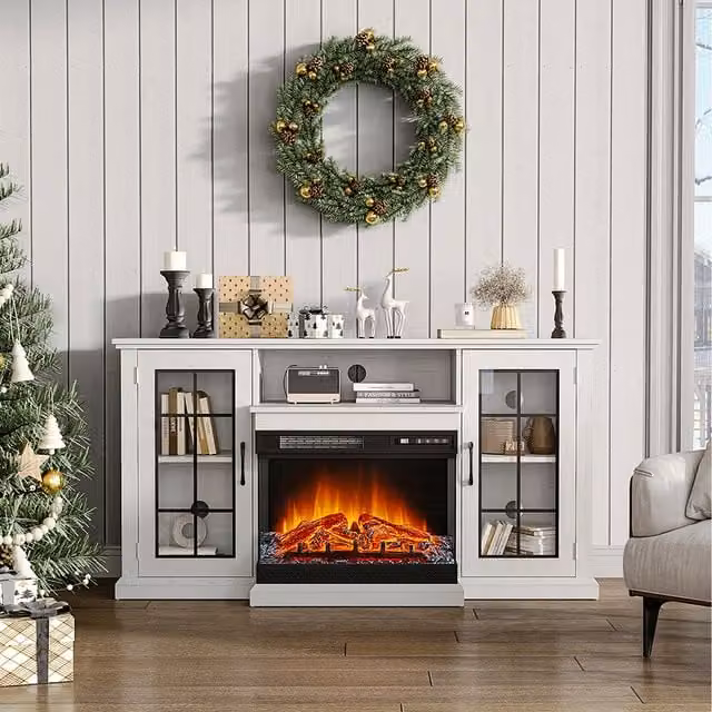 Livingandhome Modern White Matt Recessed Electric Fireplace TV Cabinet with Adjustable Flame and Brightness