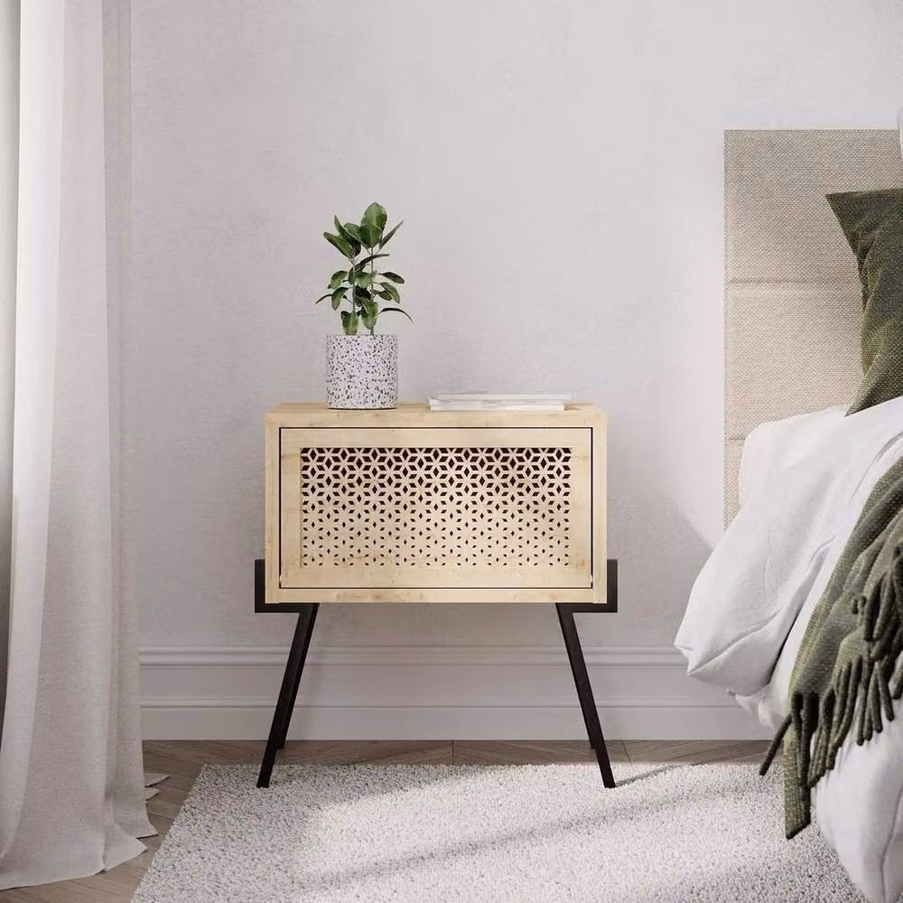 VOGREX Oak 1 Door Bedside Cabinet with Push-to-Open Mechanism and Black Legs in Beige – 2