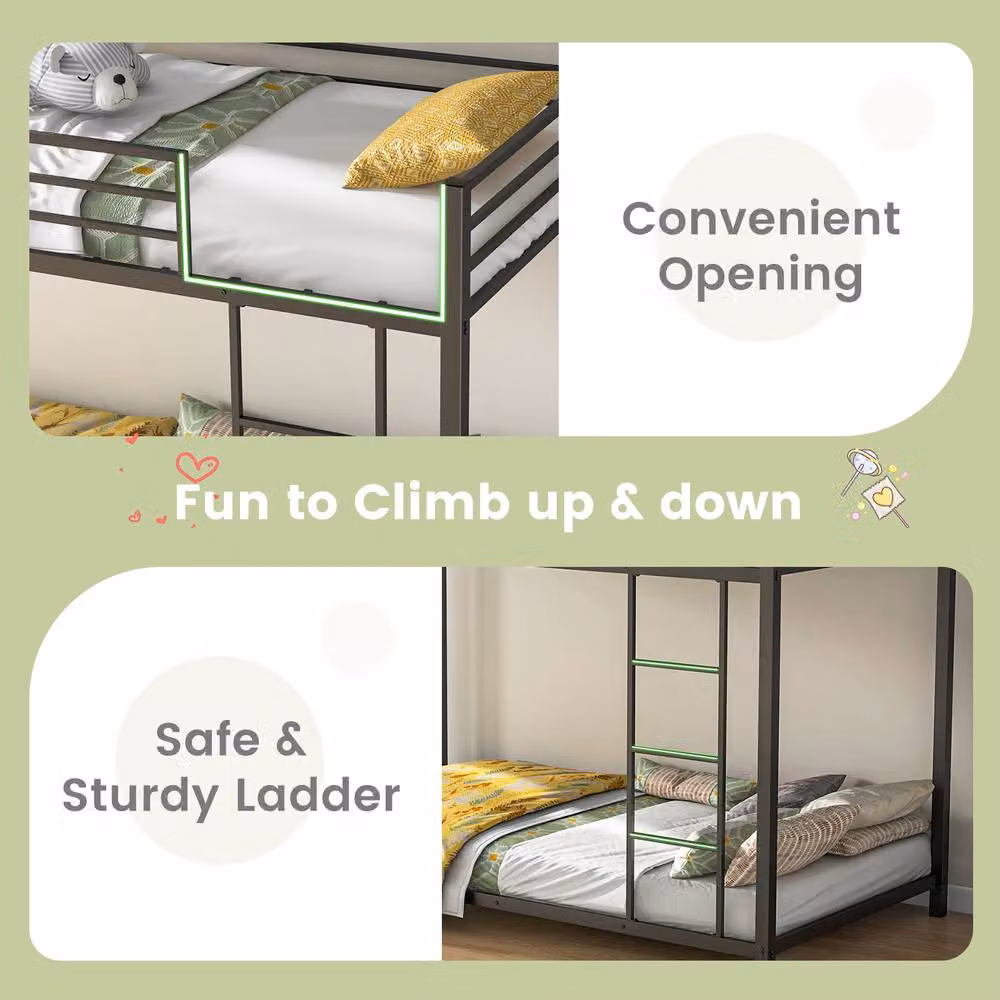 Costway Single Metal Bunk Bed Frame with Ladder and Full-length Guardrails in Black, 90 x 190 cm – 4