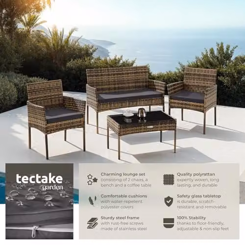 tectake 4-Seater Rattan Garden Furniture Set with 2-Seater Sofa, 2 Lounge Armchairs, Coffee Table and Upholstered Cushions in Grey and Brown – 2