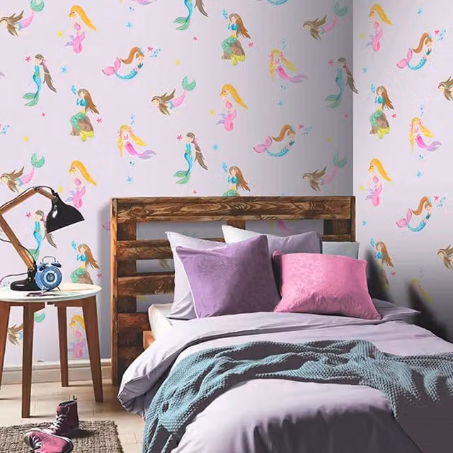 Arthouse Mermaid Mauve Lilac and Pink Glitter Childrens Wallpaper in Grey and Multicolour