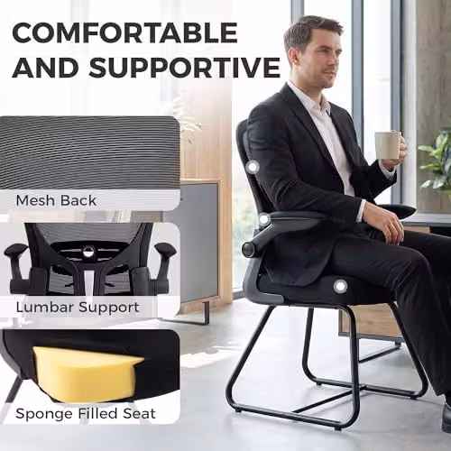 HOMCOM Black Conference and Reception Office Chair with Flip-up Armrests and Mesh Fabric – 6