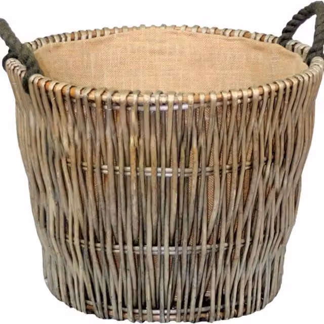 Red Hamper Round Wicker Log Basket with Grey Hessian Lining in Brown