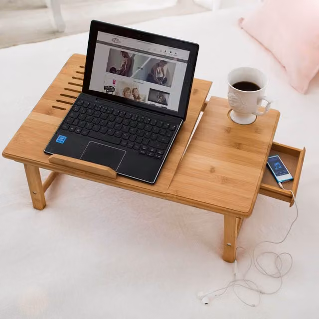 tectake Adjustable Wooden Laptop Bed Table with USB and Dual Fans in Brown