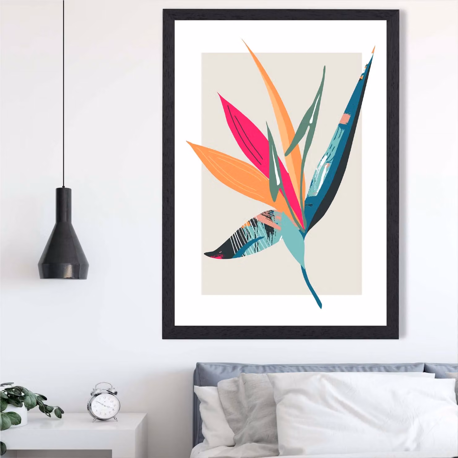ARTZE Tropical Flower Blue and Pink Boho Botanical Framed Print with Black Frame – 2