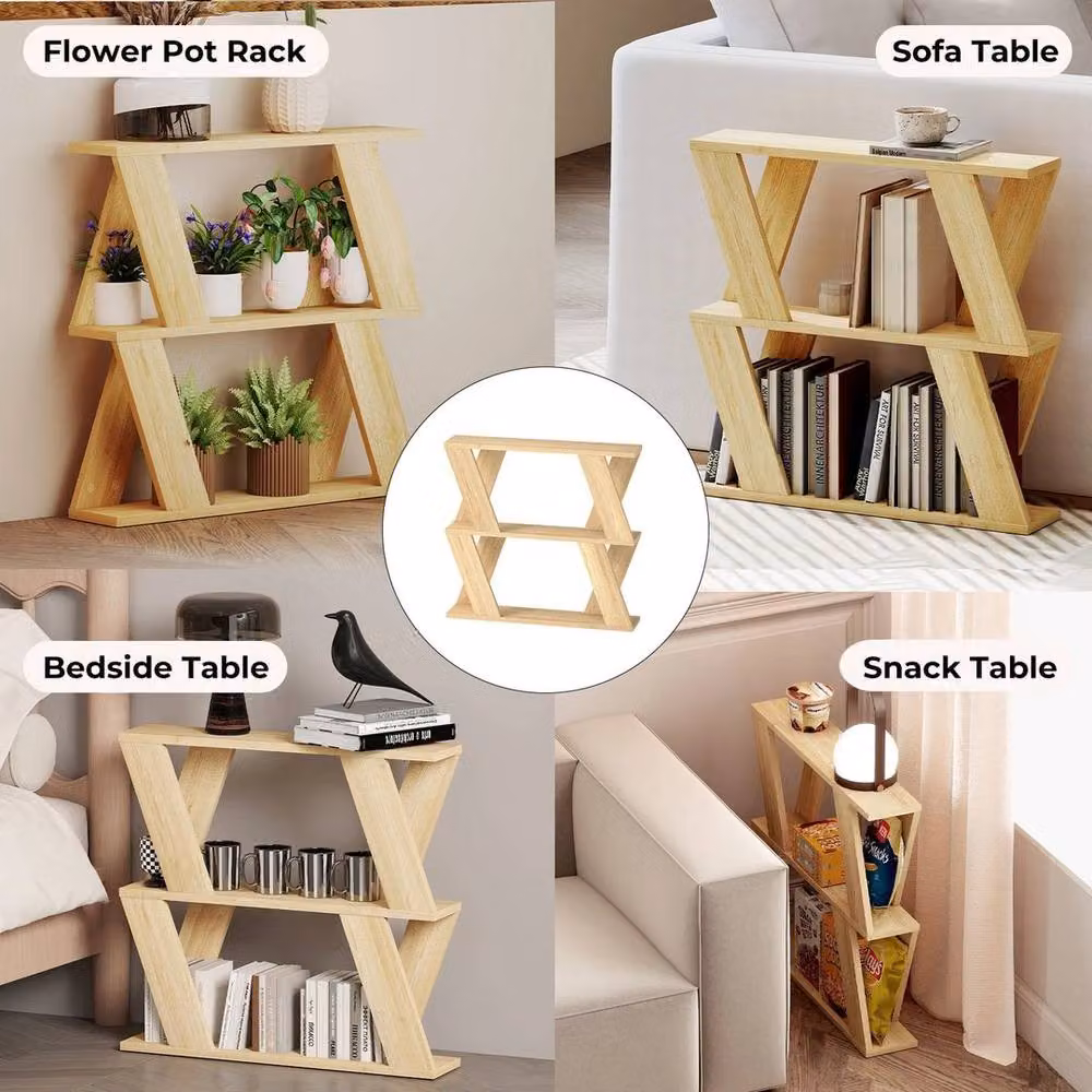 Kelvenix Brown Wooden 2-Tier Side Table with Storage Shelf and X-Frame Design – 2