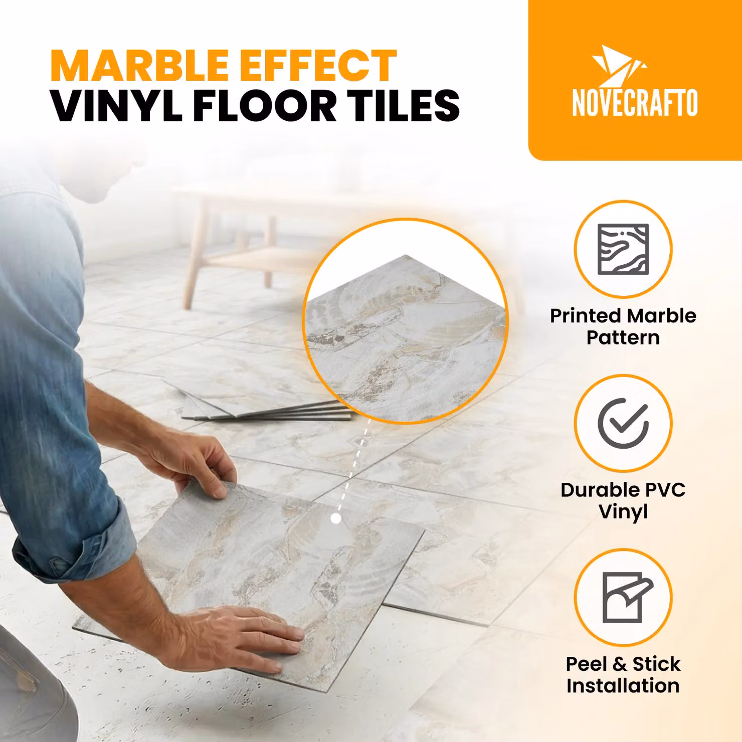 Novecrafto Self Adhesive Vinyl Floor Tiles, Beige Marble Flow Stone Look, 30 Pack, W/D/H: 30.5 x 30.5 x 1.5 cm – 2