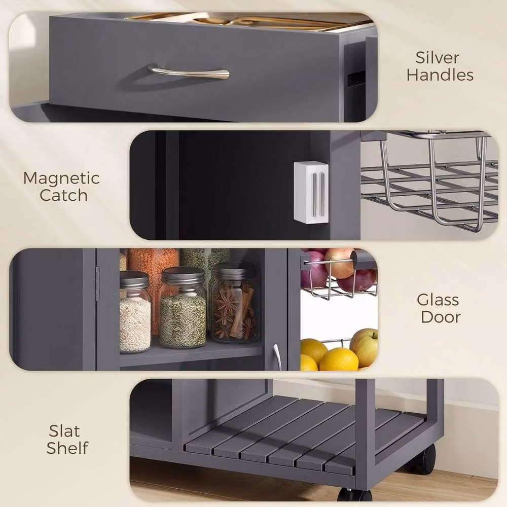 EONLION Modern Bamboo Kitchen Island with Glass Doors in Dark Grey – 4