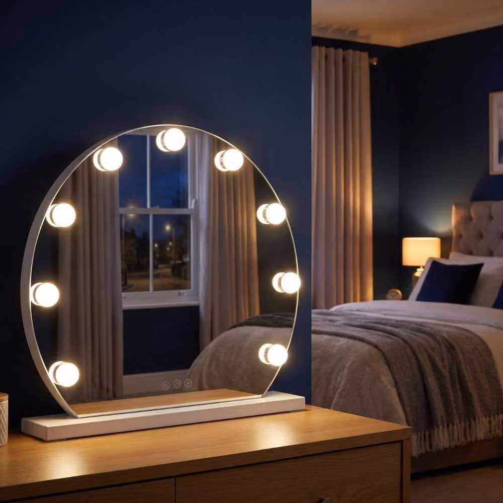 HOME LUXE INTERIOR Arched LED Tabletop Vanity Mirror with 3 Dimmable Light Modes in White – 3