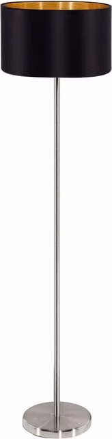 Loops Modern Floor Lamp with Black and Gold Fabric Shade and Satin Nickel Metal Base, E27, H: 151 cm – 1