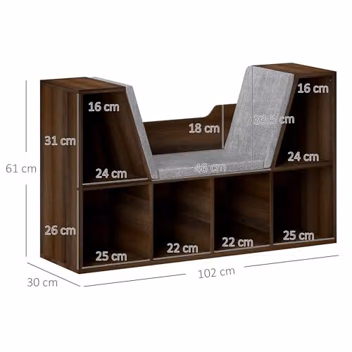 HOMCOM Six-Cube Bookcase Storage Shelf with Cushioned Reading Seat, Brown, W/D/H: 102 x 30 x 61 cm – 3