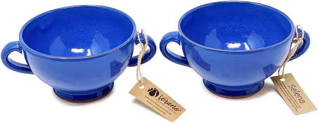 Verano Spanish Ceramics Selena Glazed Hand Dipped Blue Ceramic Soup Bowls, Set of 2, H: 9.5 cm, W: 14 cm – 1