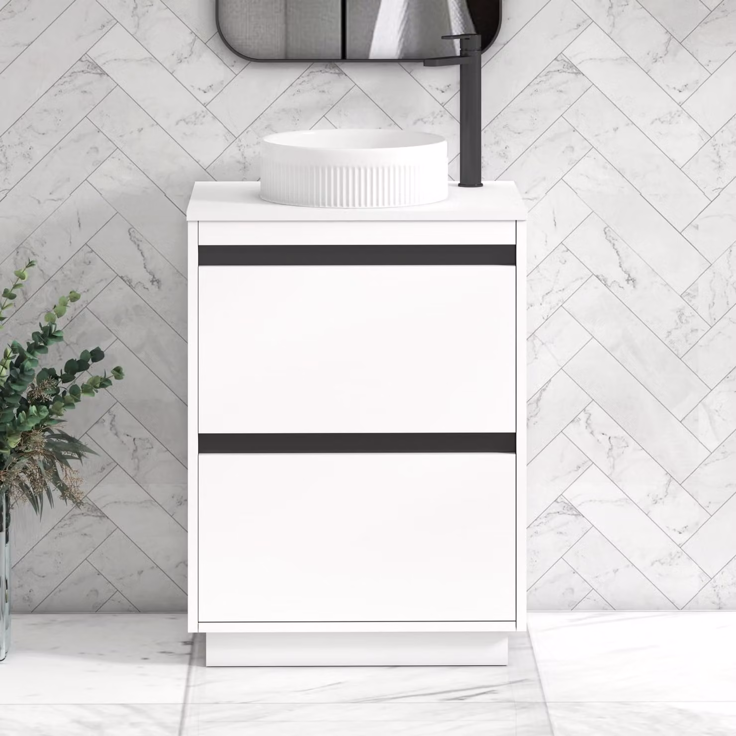 Royal Bathrooms Orion 600mm Matt White Floor Standing 2 Drawer Vanity Unit with Round Basin and Black Accent Trim