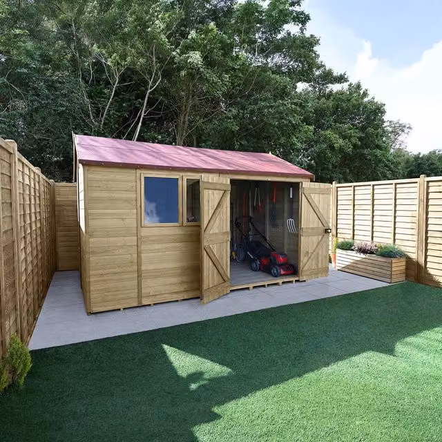 Forest Garden Timberdale Pressure Treated Reverse Apex Wood Garden Shed in Brown and White