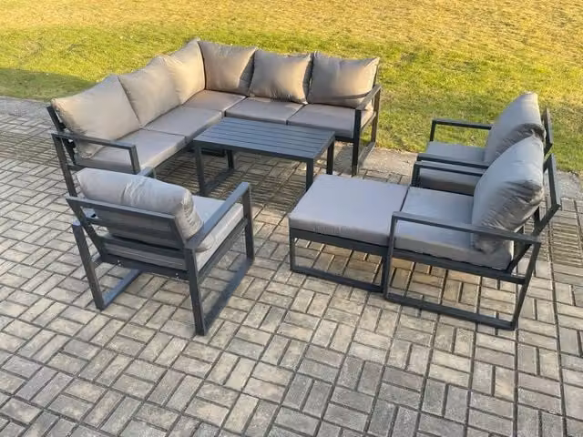 Fimous 9 Seater Aluminium Outdoor Garden Furniture Set in Dark Grey with L-Shape Sofa, Coffee Table and Ottoman