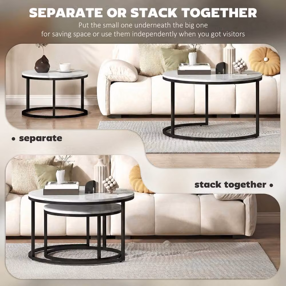 STILVORA Set of 2 Round Nesting Coffee Tables with White Marble-Effect MDF Tops and Black Metal Sled Base – 5