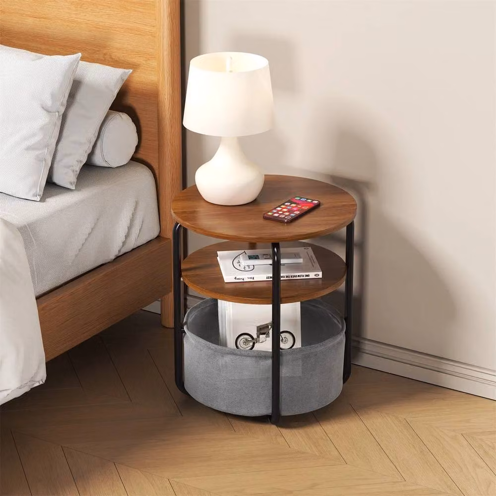 VOGREX 3-Tier Round Side Table with Removable Fabric Basket in Grey and Brown – 3